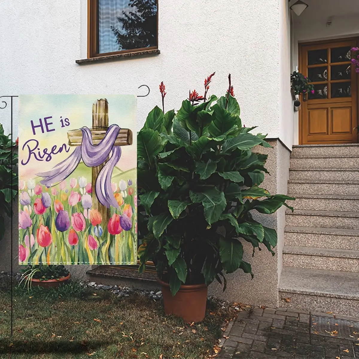 He Is Risen Easter Garden Flag Christian Cross Tulip Easter Garden Flag Decor Spring Double Sided House Flag for Outside Yar jjp