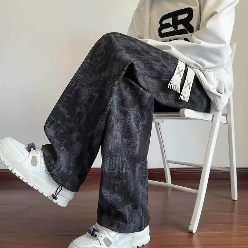 High Street Elastic Waist Tie Dye Loose Straight Pants Spring Autumn Plus Size Youth Casual Wide Leg Pants Fashion Men Clothing