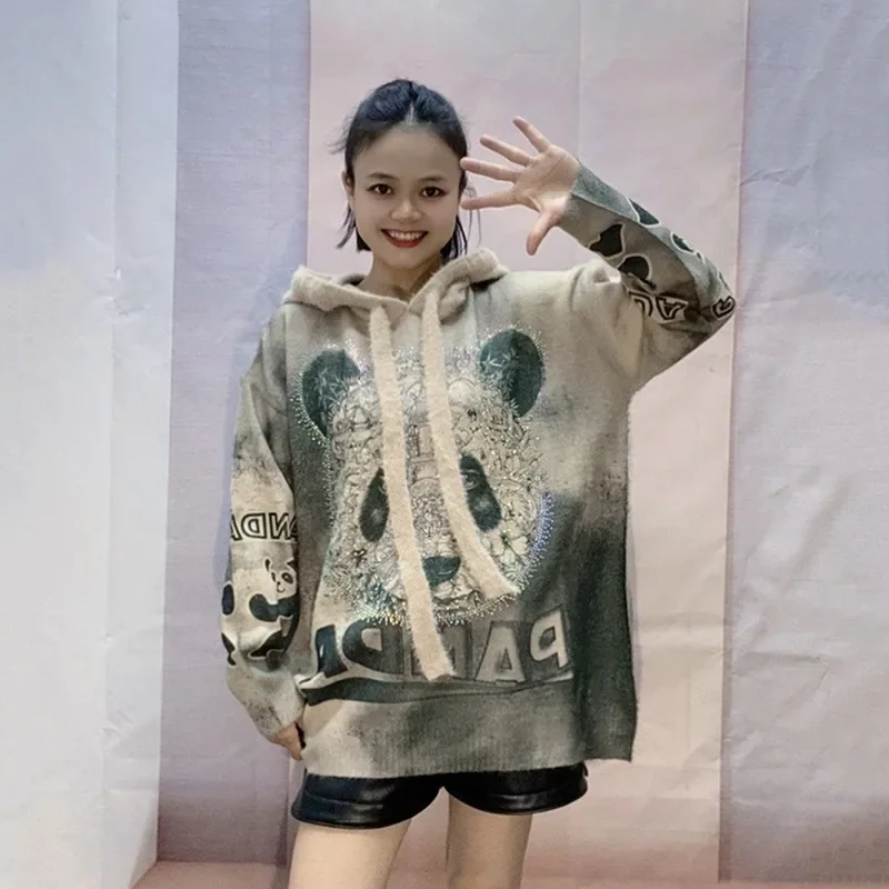 Korean Version Loose Mid Length Heavy Industry Hot Diamond Hooded Sweater Hipster Autumn New Cartoon Panda Knitted Top Women