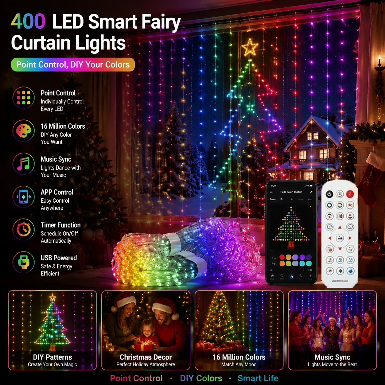 400 LED Bluetooth RGB Curtain Lights, DIY Text Pattern Display with Music Sync for Bedroom Window Decor