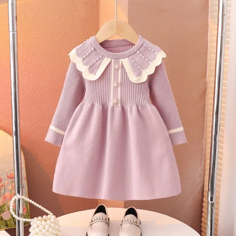 Girl Knitted Dress Spring Autumn 2026 New Baby Princess Sweater Fashion Toddler Clothes Kids Warm Pullover Dress