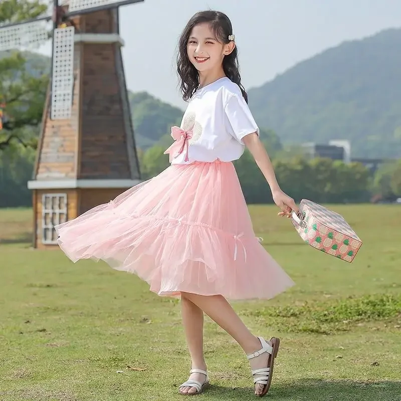 2025 مجموعة ملابس لطيف للأطفال الأطفال 6 8 10 12 سنة تي شيرت + تنورة شاش 2 قطعة ملابس للفتيات الصيف الفتيات ملابس رسمية