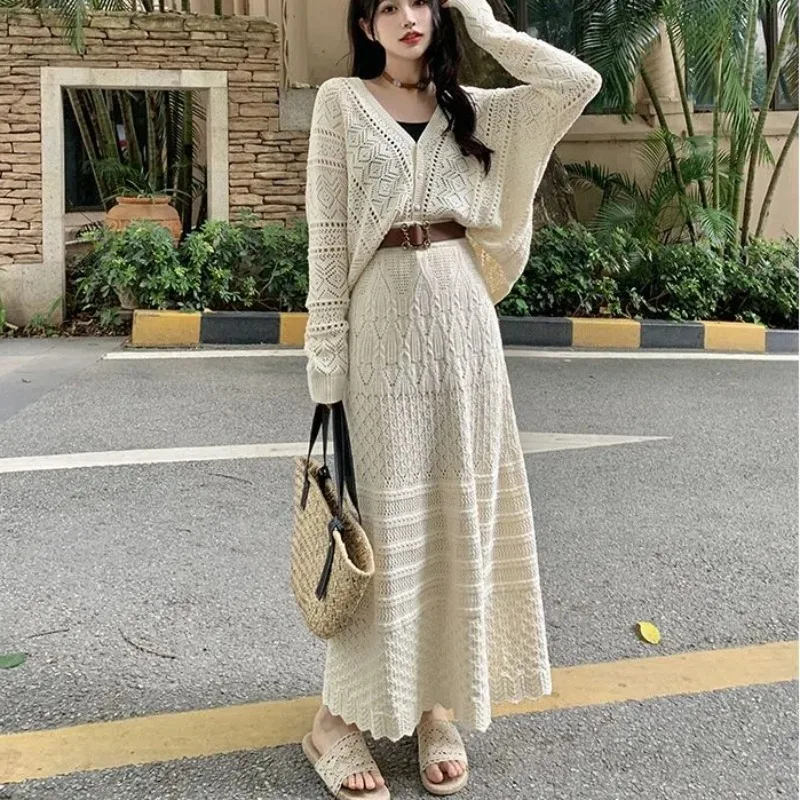 

Autumn Knitted Two Piece Set Women Hollow Out Belt Elegant Beige Skirt Suit New Casual Streetwear Fashion Sweater Outfits 2024