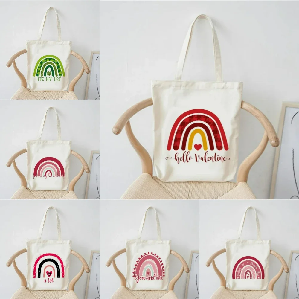 

Modern Rainbow Heart Shape Tote Bag for Women Eco Friendly Reusable Canvas Shoulder Bag for Shopping Travel Beach Yoga Daily Use
