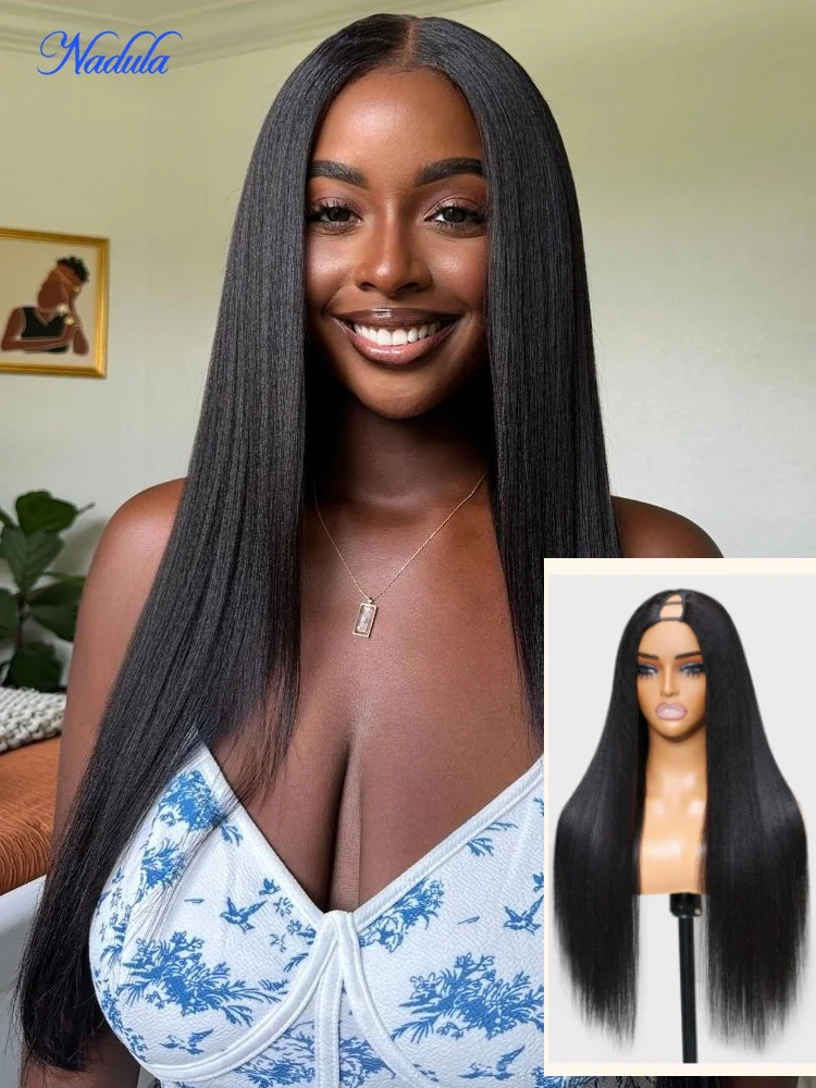 

Nadula Hair Yaki Straight V Part Wig Human Hair Brazilian Hair Wigs V Shape Glueless Human Hair Wigs No Leave Out
