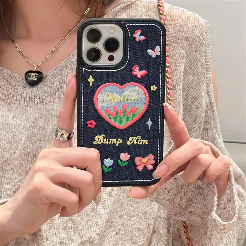 Denim Embroidered Love Flower Phone Case for All Models  Huawei OPPO Xiaomi Vivo Samsung