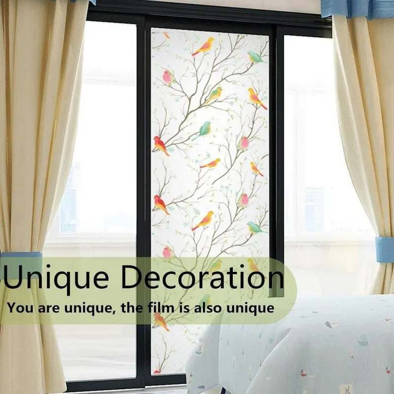 1/2M Frosted Window Film Privacy Opaque Non-Adhesive Bird Decals Glass Vinyl Film Static Cling Stained Window Sticker Home