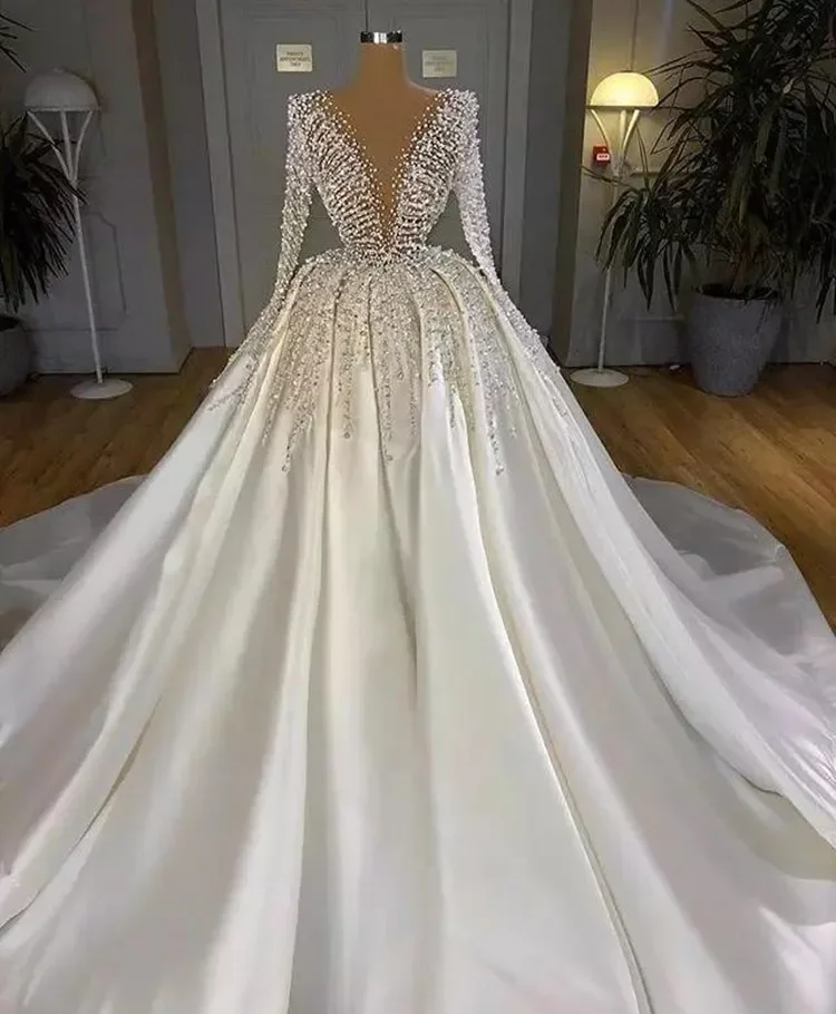 Customized Modern V Neck Satin Wedding Dress  Heavy Pearls Beads Long Sleeves Puffy Ball Gown Saudi Arabia Dubai Bridal Gowns