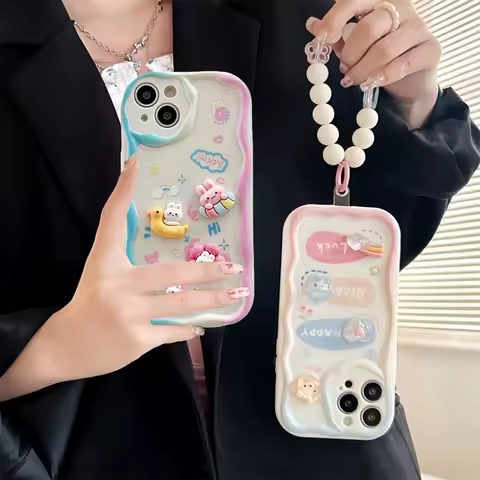 3D Rabbit Bear Flower Chain Case For OPPO Reno 14F 12F 11F 13F 13 14 12 11 A5 Pro A58 A78 A79 A60 Realme C53 C55 C65 C63 C67 C75