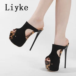 Liyke Street Style Women Sexy 6CM Platform Slippers Sandals Summer Leopard Print Peep Toe Super High Heels Party Stripper Shoes