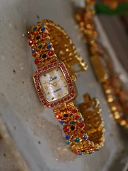 1 Piece French Fashion Elegant Ladies Colorful Rhinestone Gemstone Inlaid Strap Waterproof Square Quartz Watch Mother of Pearl D