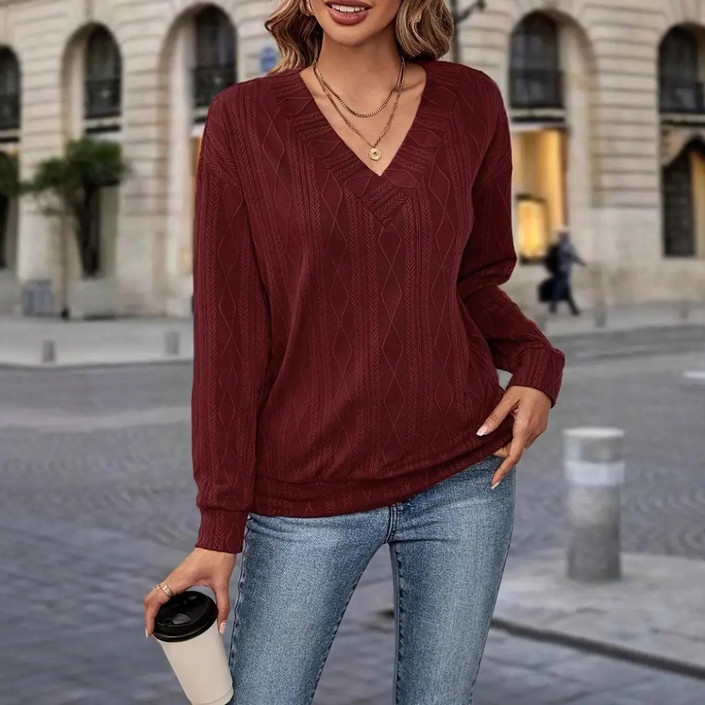 

Женская шифоновая рубашка, свитер с v-образным вырезом, винно-красный, осень-зима, повседневная, удобная, универсальная, в европейском и американском стиле