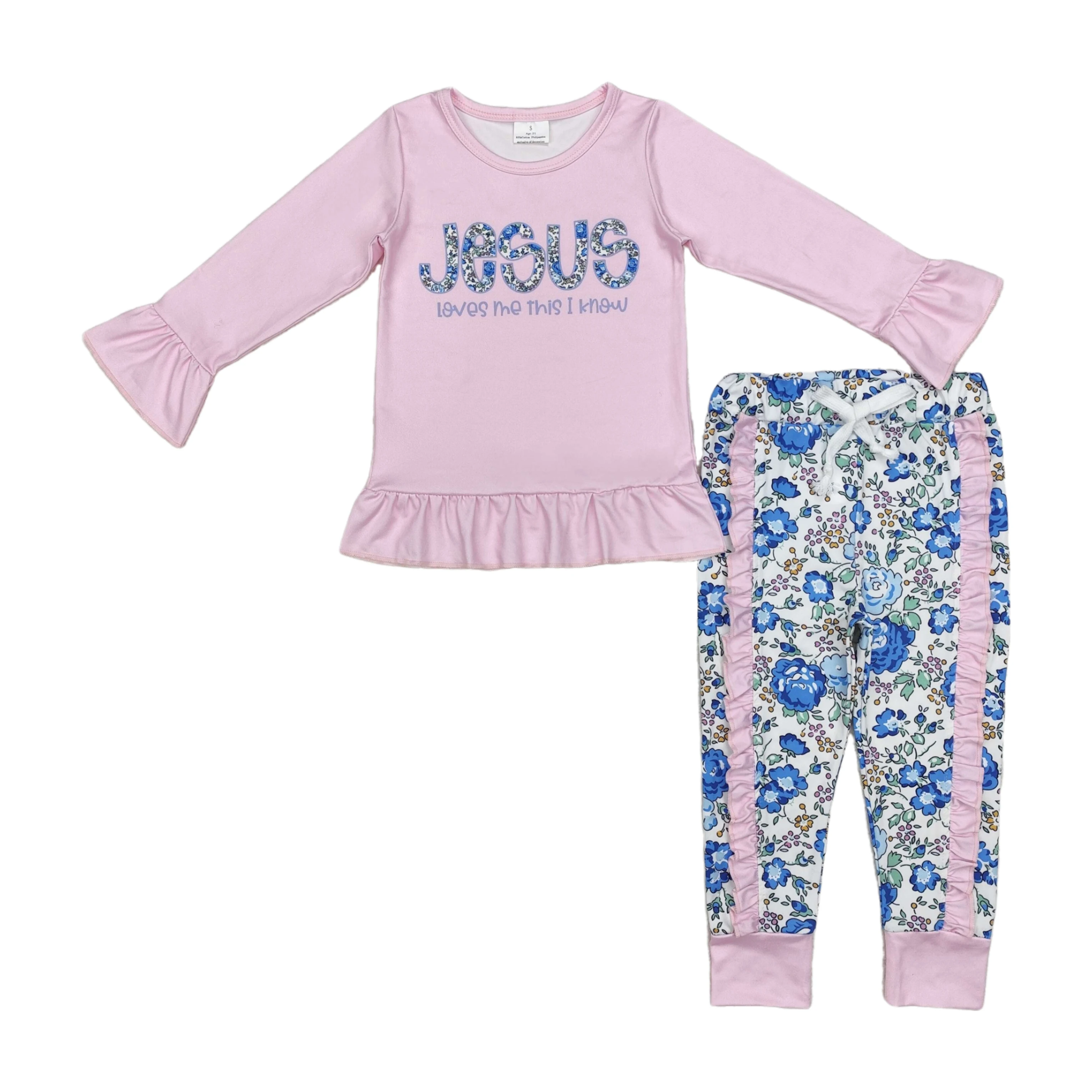 

Children Outfit Kids Clothes Baby Girl Fashion Boutique Infant Toddler Christmas Clothing Pink Jesus Ruffle Pants Wholesale