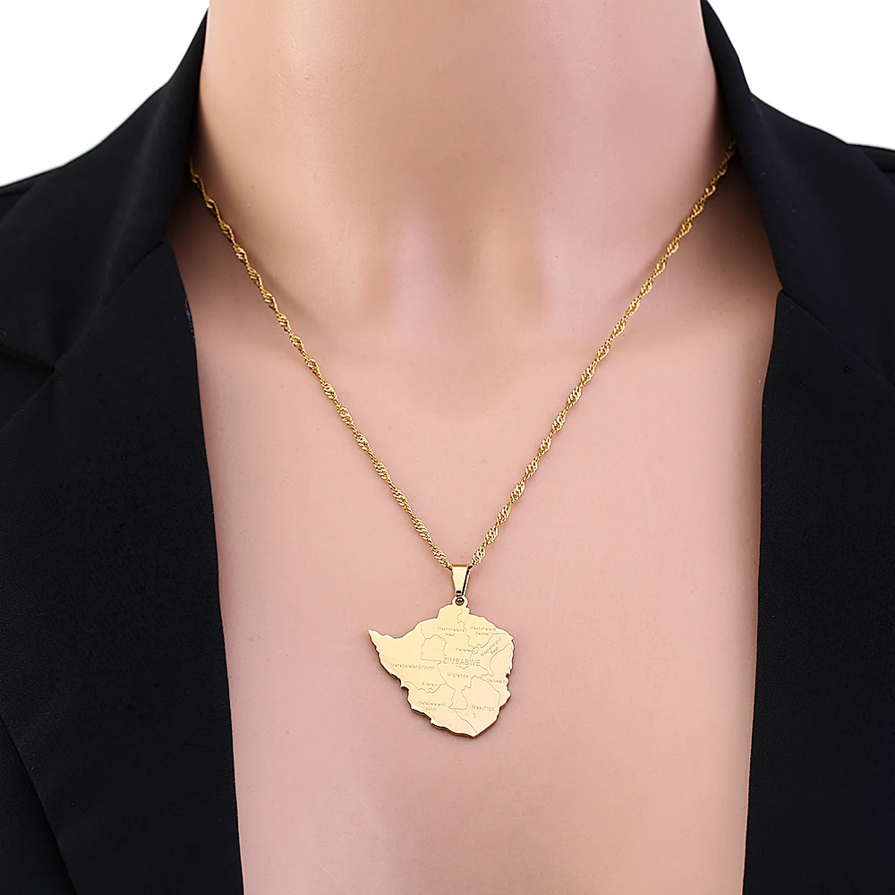 Mode Simbabwe Karte Stadt Anhänger Halskette Edelstahl Gold Silber Farbe Männer Frauen Afrika Karte Schmuck Geschenk – Detail 6