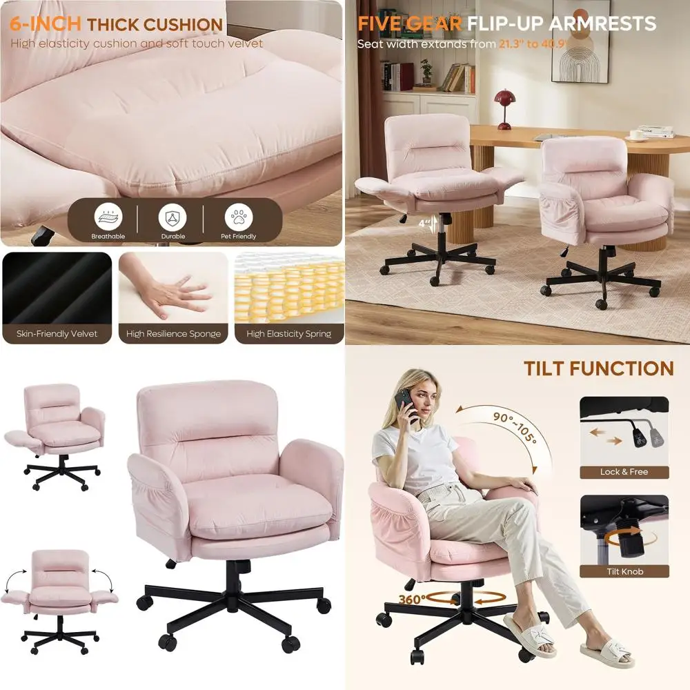 Swivel Vanity Chair with Pink Velvet, Wheels, and Side Pockets for Makeup and Home Office Use