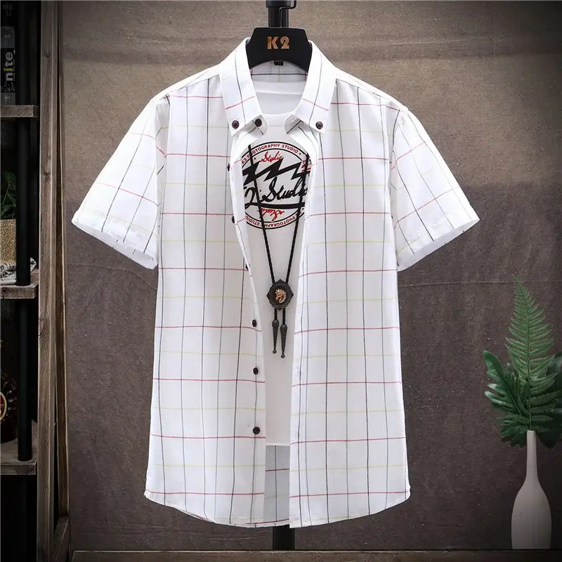 

Fashion Printed Lapel Spliced Pockets Plaid Shirts Men's Clothing 2023 Summer New Oversized Casual Tops Loose Short Sleeve Shirt