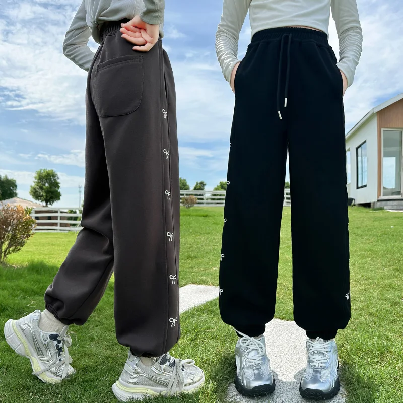 

New Autumn Children Cotton Sporty Pants with Side Bows for Girls Slim Fit Loose Sports Trousers Kids Teenager Casual Sweatpants