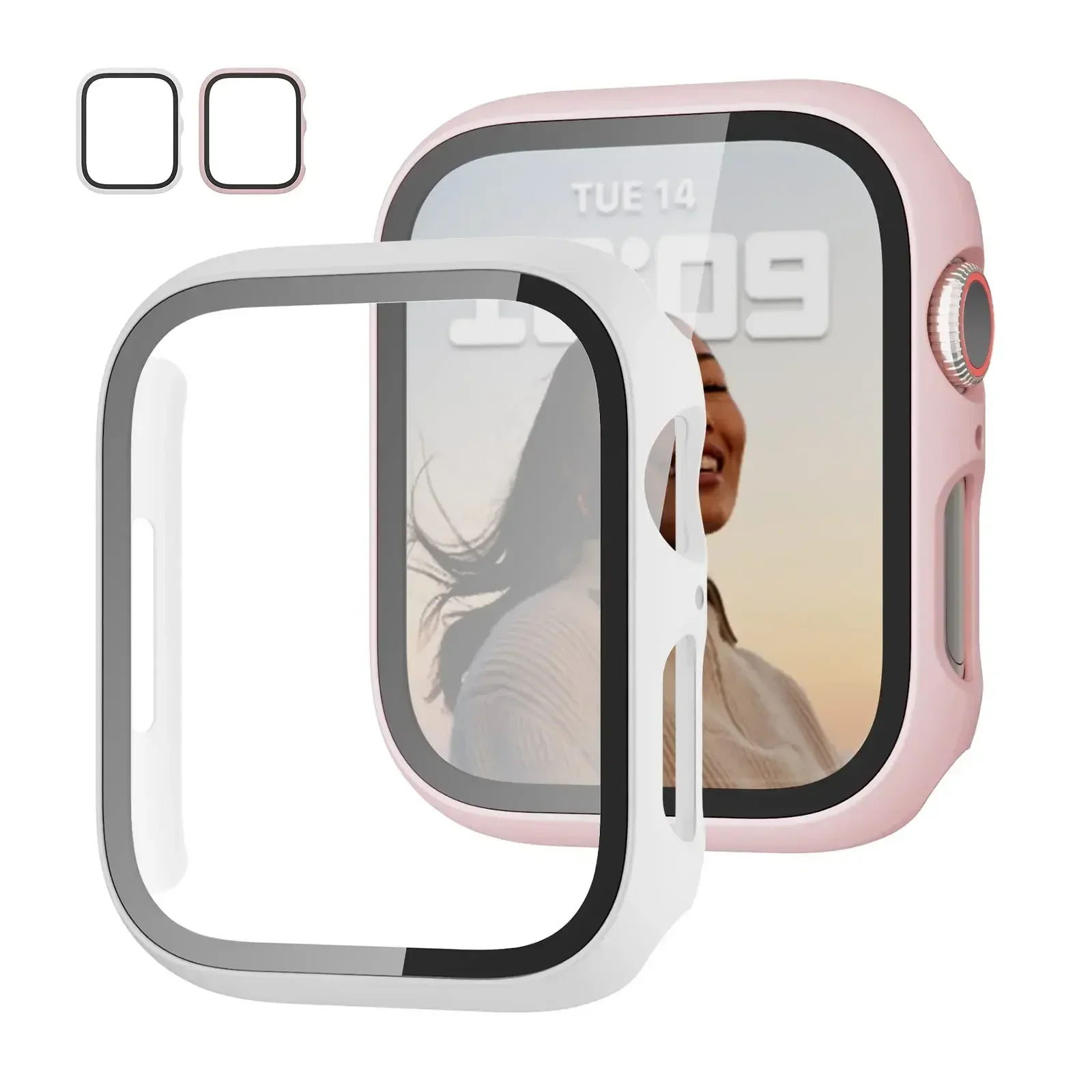 2er-Pack Gehärtetes Glas+Hülle für Apple Watch Gehäuse 44mm 40mm 42mm 41mm 45mm PC-Stoßfänger Displayschutz iWatch Serie 9 8 7 6 5 3 SE