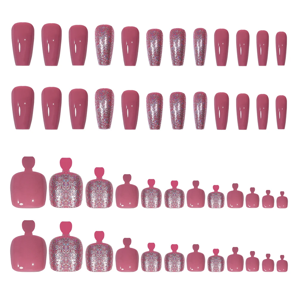 48Pcs Glitter Pink False Toenails Wearable Hand Feet Nail Art Set for Women Girl Artificial Nails Fake Nail Pieces WD
