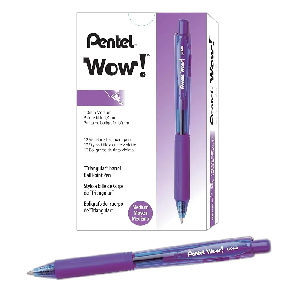 

Wow! Retractable Ballpoint Pen, (1.0mm) Medium Line, Violet Ink, Box of 12 (BK440-V)