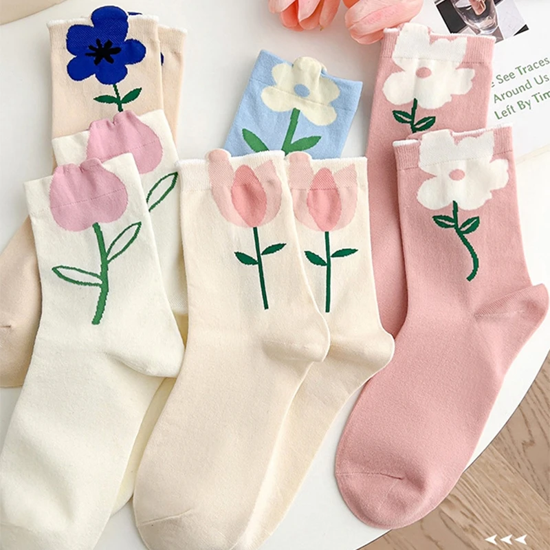 Flower Socks  women‘s Tulip Pink Short Socks Mid tube Socks Autumn and Winter Ins Fashion Girl Student Cute Long lovely Socks