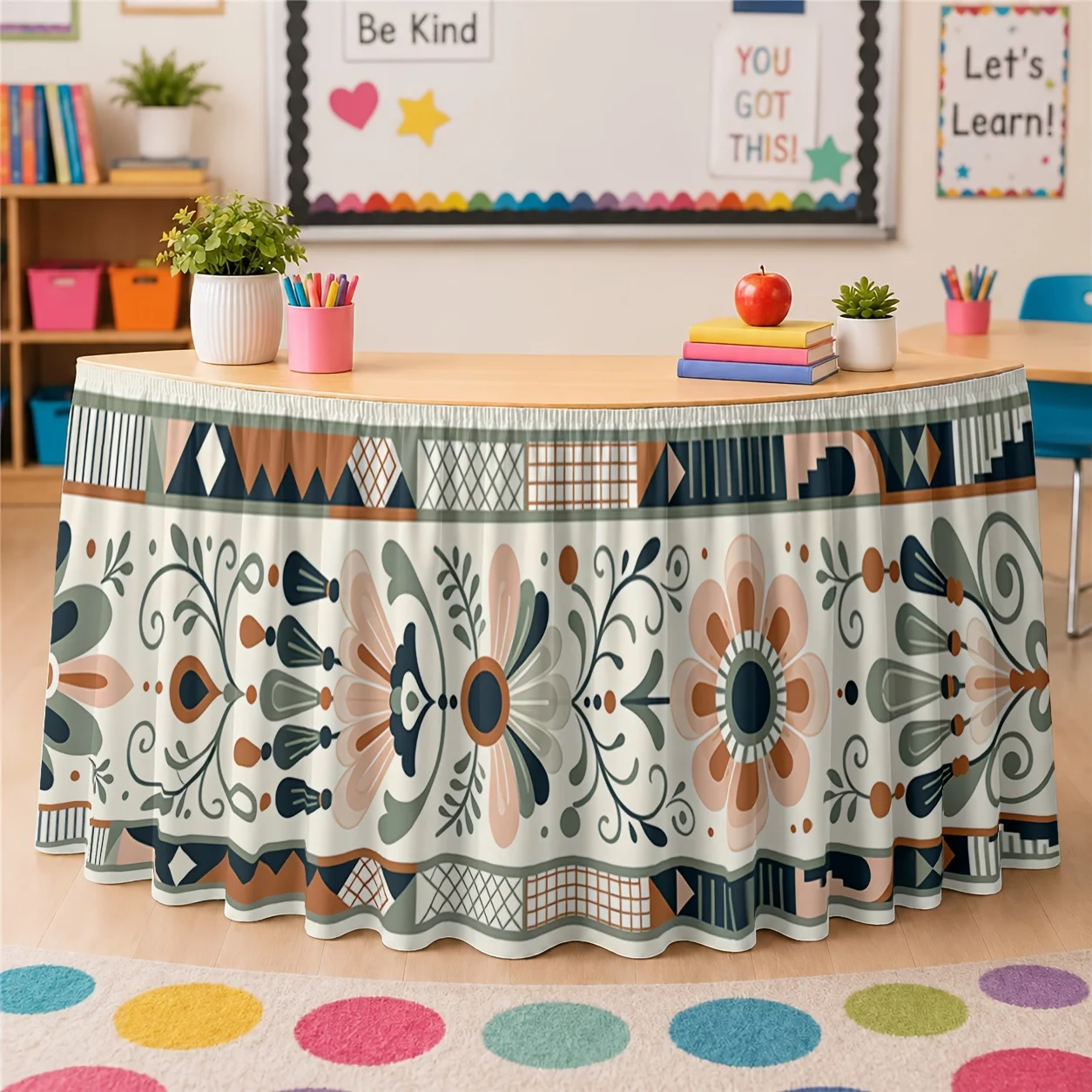 One tablecloth or table skirt with printed polyester in bohemian style