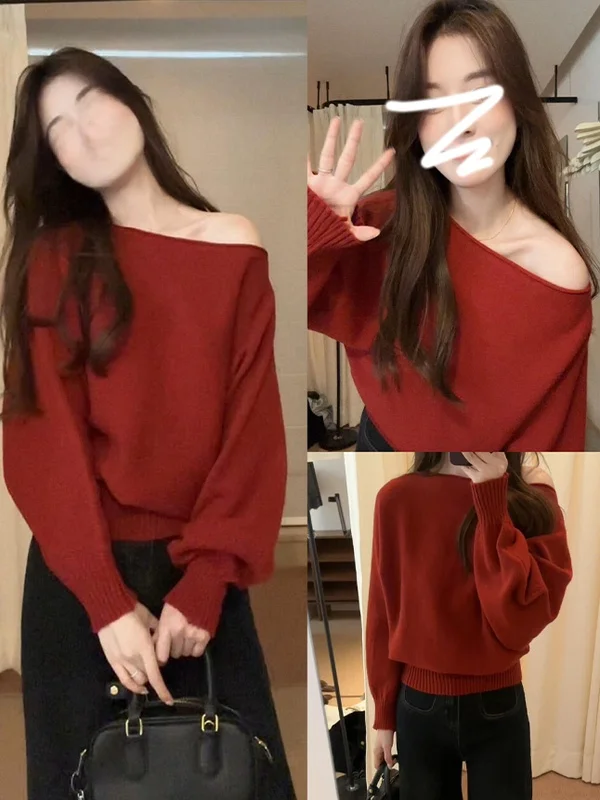 

Красный вязаный свитер с открытыми плечами для женщин, уникальный модный осенне-зимний топ свободного кроя с мягкими рукавами «летучая мышь»