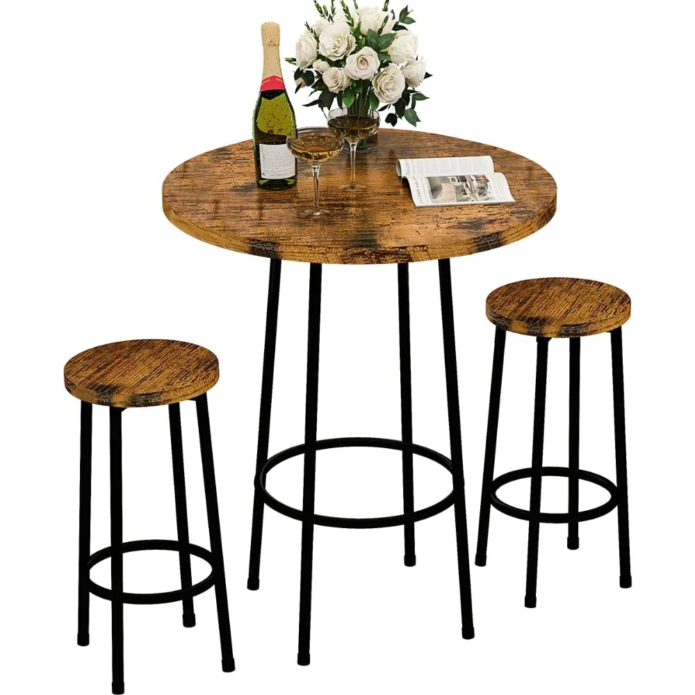 

3 Piece Pub Dining Set, Modern Round bar Table and Stools for 2 Kitchen Counter Height Wood Top Bistro Easy Assemble