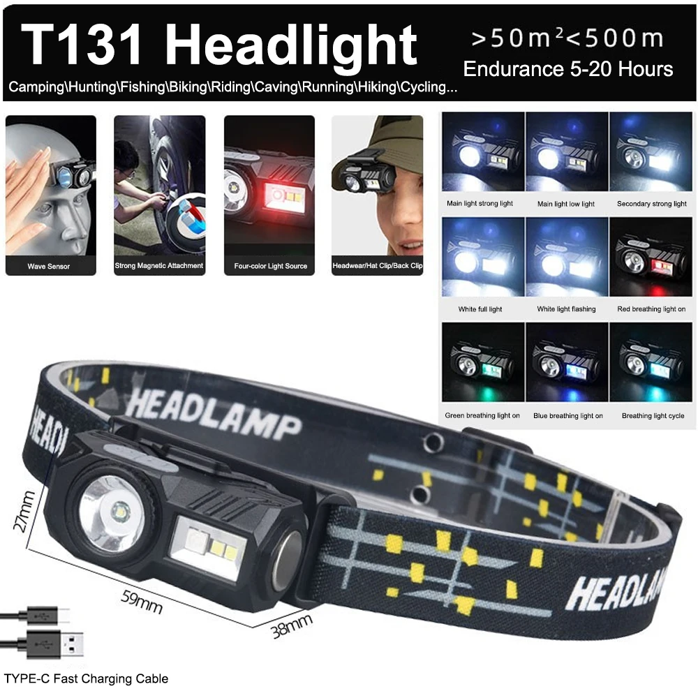 Portable COB Motion Sensor Headlight USB Rechargeable Waterproof Night Fishing Headlamps with Magnet Warning Lamp Cap Clip Light