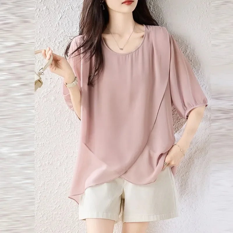 Women Loose Chiffon Blouse with Asymmetrical Hem Puff Sleeve O Neck Short Sleeve Casual Summer Top