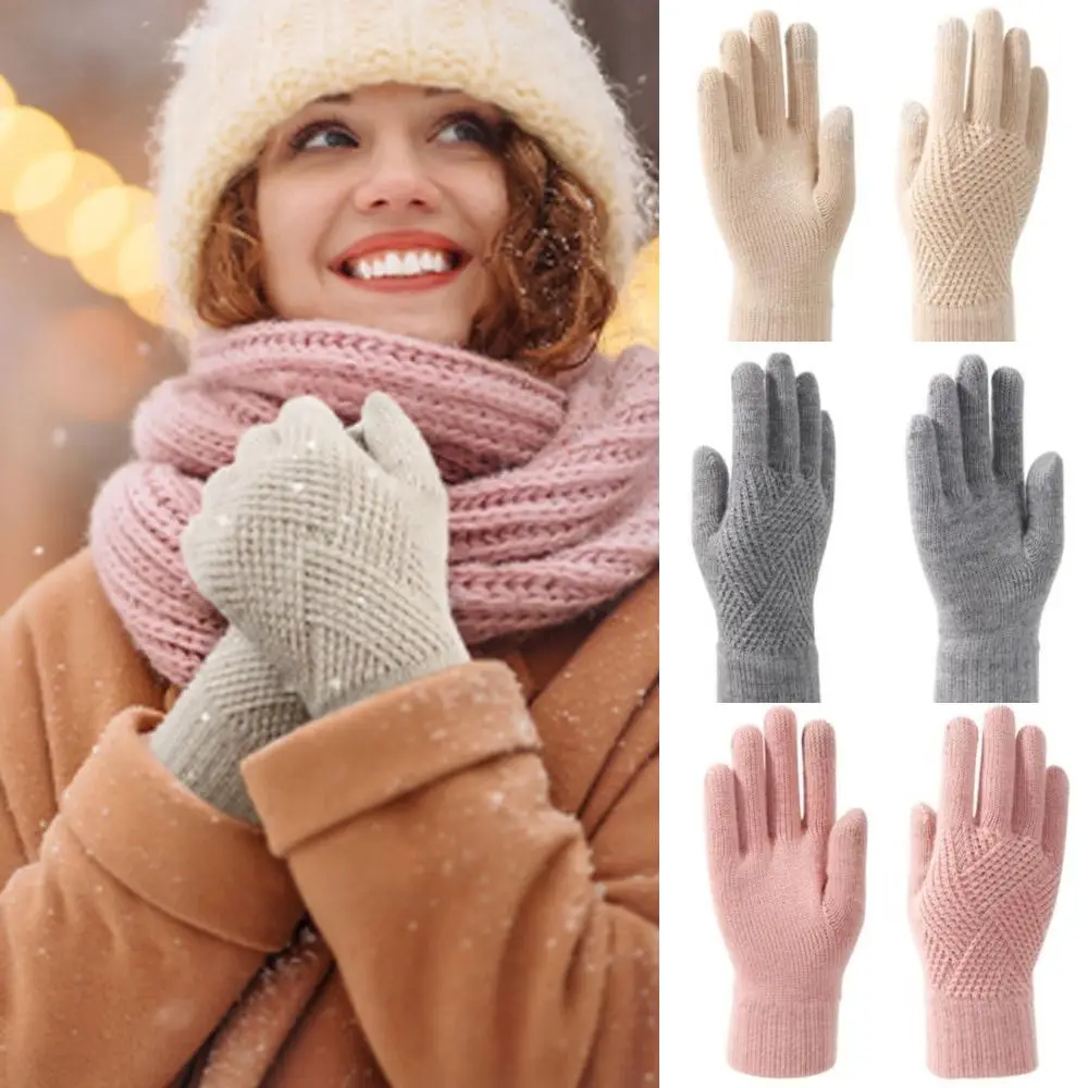 Touchscreen Design Warm Knitted Gloves Plus Velvet Windproof Full Finger Gloves Thicken Warm Cycling gloves Women Girls