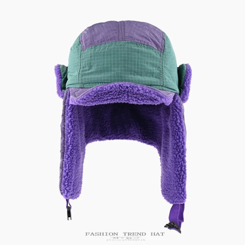 Unisex Autumn Winter Color Block Aviator Hat Warm Ear Cover Windproof Fleece Ski Cap
