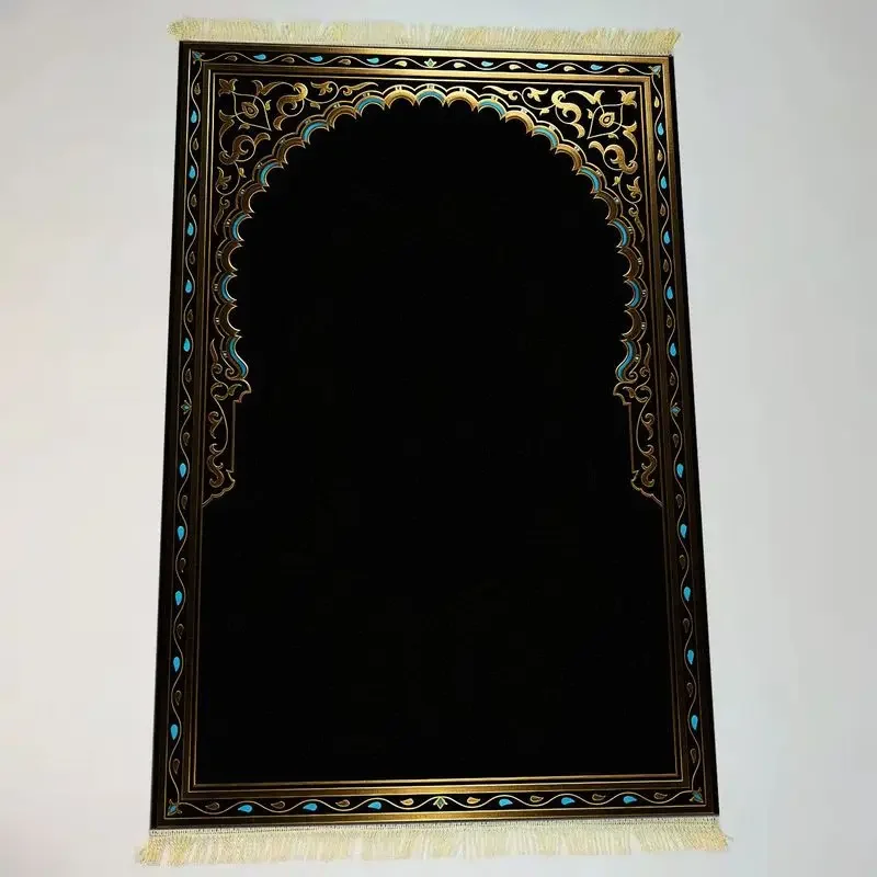VIKAMA Velvet Islamic Salat Mat Simple Black Gold Blue Floral Mihrab Pattern Portable Anti Slip Prayer Rug Eid Gift