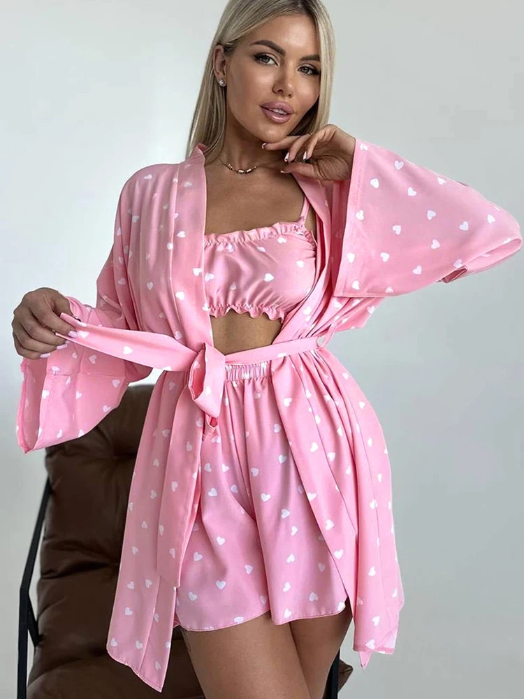 

Linad Print Pajamas For Women 3 Piece Sets Loose Long Sleeve Sleepwear Female Spaghetti Strap Tops Casual Suits With Shorts