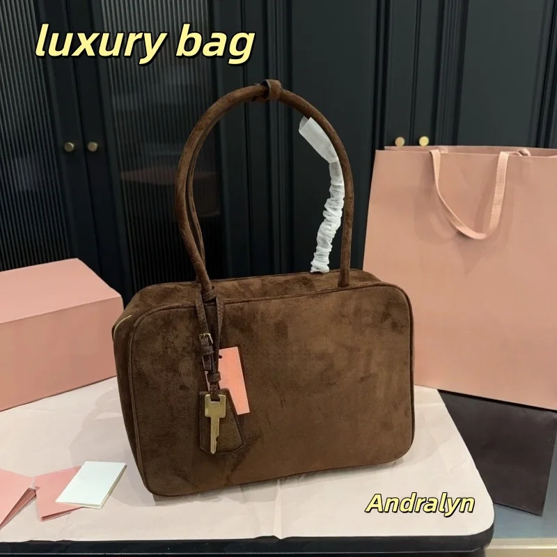 

Luxury high quality leather suede briefcase winter new retro fashion bowling bag commuter large capacity handbag women's bags