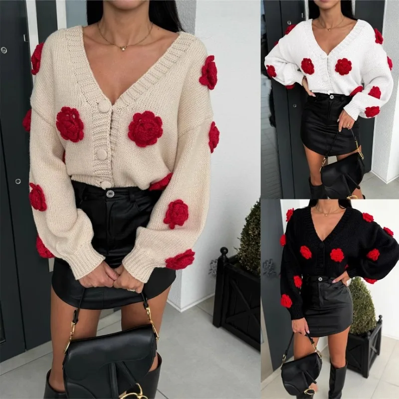 

Women's Winter Autumn Tops Sweater Knit V-neck Button Cubic Flower Sleeve Long Sleeve Casual Designed Vintage Niche Thin New