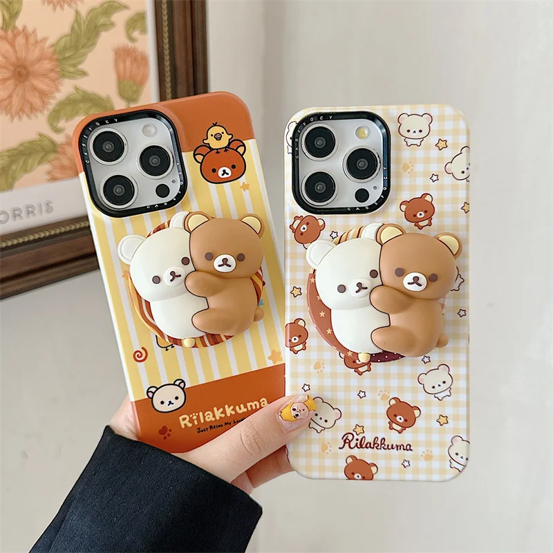 

Kawaii Cartoon Bear Strip Plaid Pattern Magnetic Phone Case For iPhone 17 Pro 15 14 16 Pro Max Cover with Holder Cute Cases