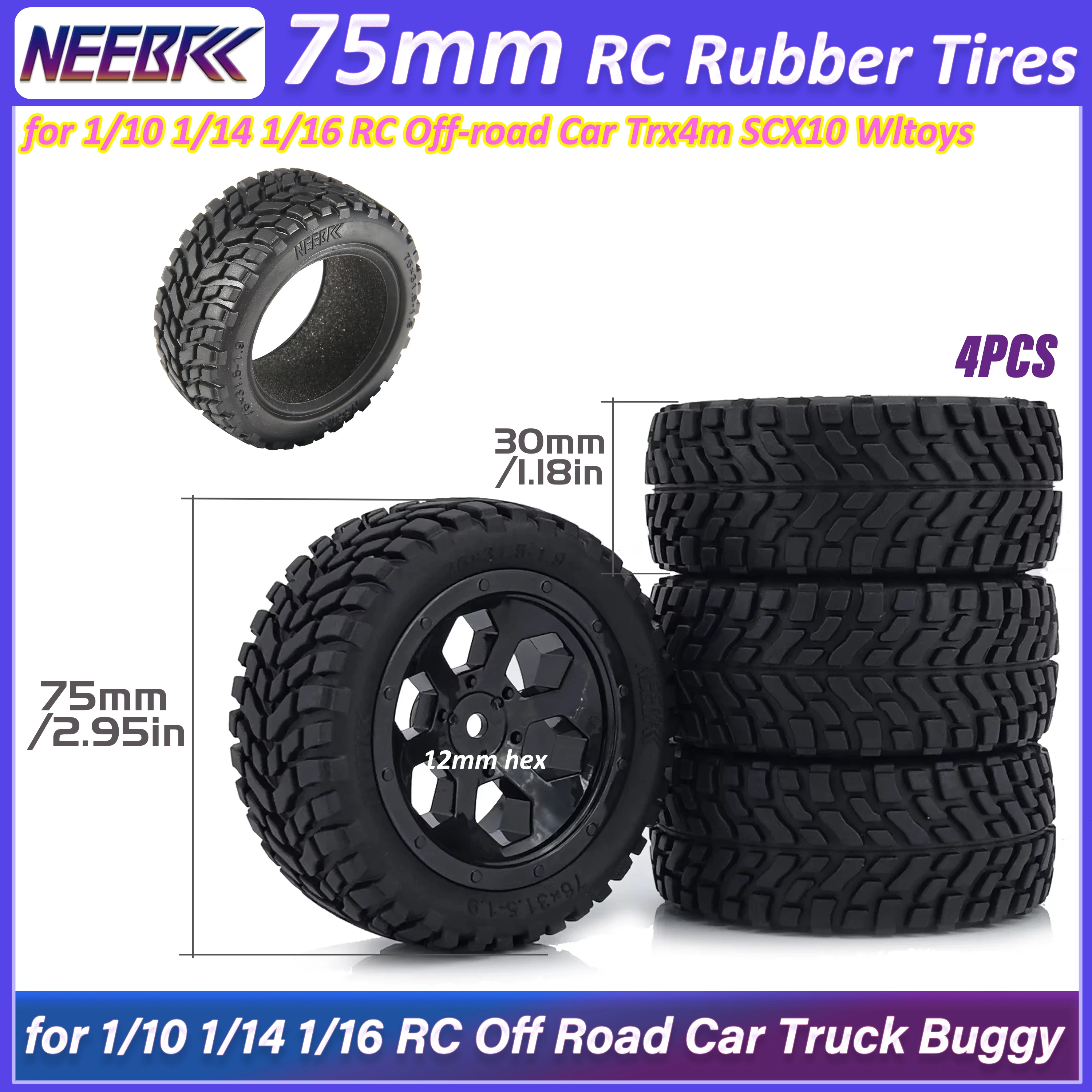4PCS 1.9inch 75mm Skidproof RC Rubber Tires 12mm Hex Wheel Rim Tyre for 1/10 1/14 1/16 RC Off-road Car Trx4m SCX10 Wltoys 144001