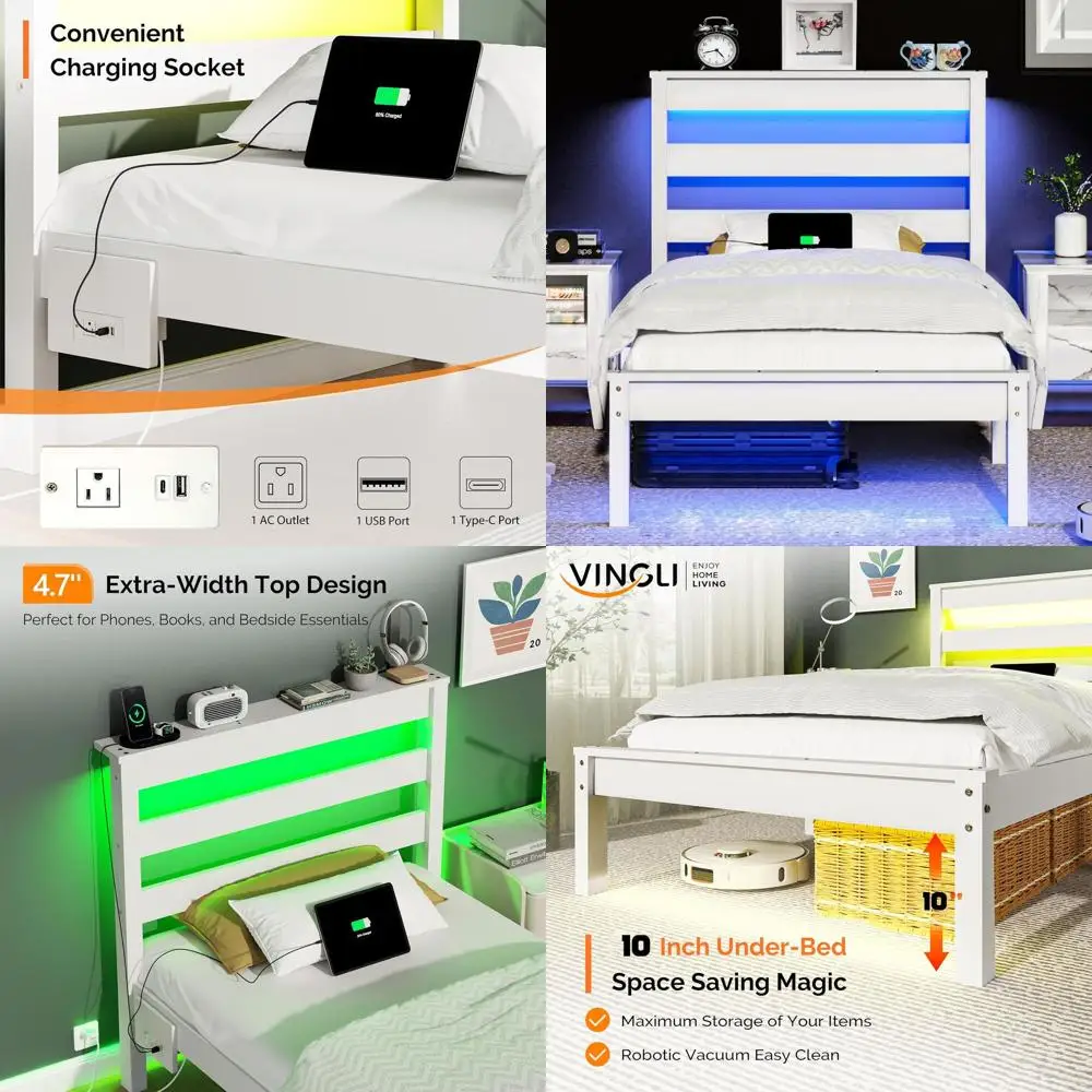 

Twin Size Solid Wood Bed with LED Lights, USB Ports, Storage Shelf, No Box Spring Needed, Easy Assembly, White