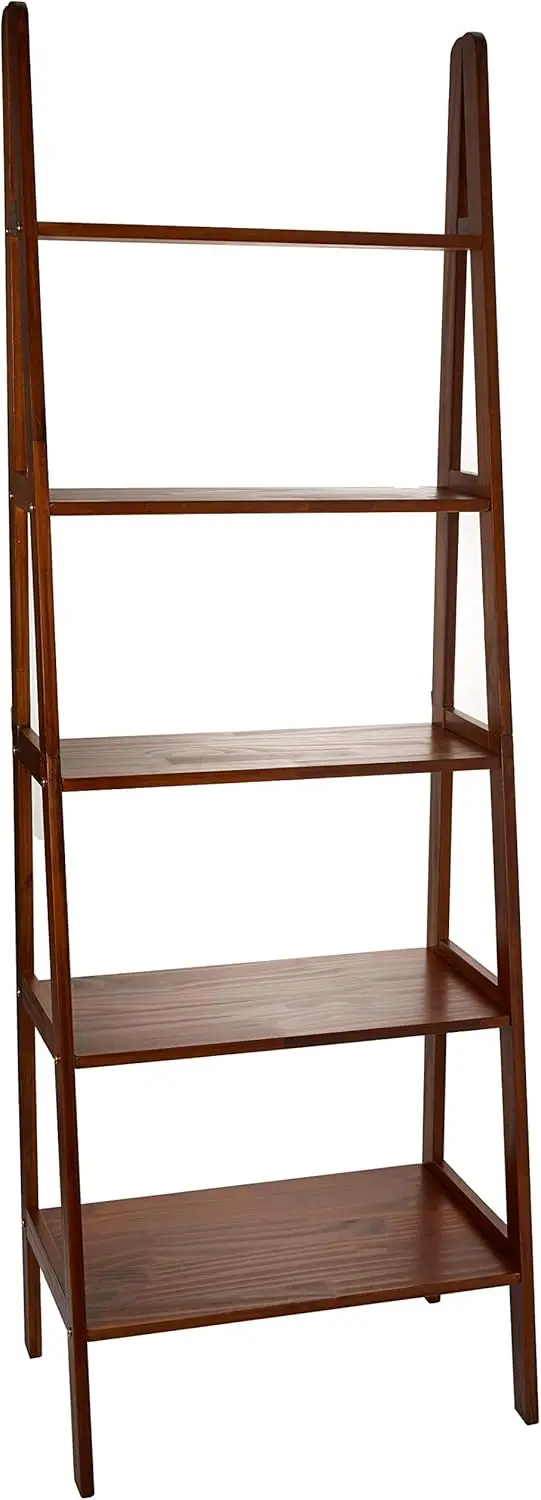 

5-Tier Solid Wood Ladder Bookcase, Warm Brown, 72"H x 24.75"W x 16"D, Freestanding Shelf for Books and Decor