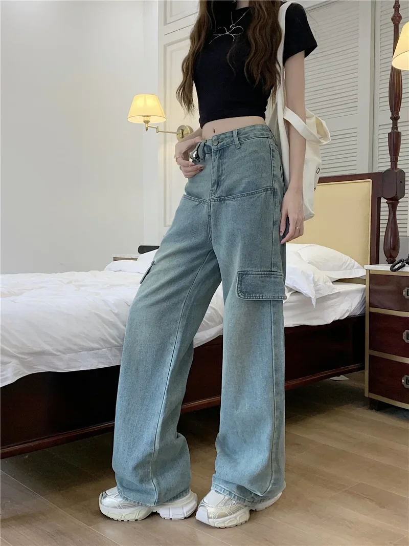 Women Jeans Straight Distressed Pants Denim Washing High Waist Loose Fit Pockets Basics Full Length Pants Slight Strech 2025