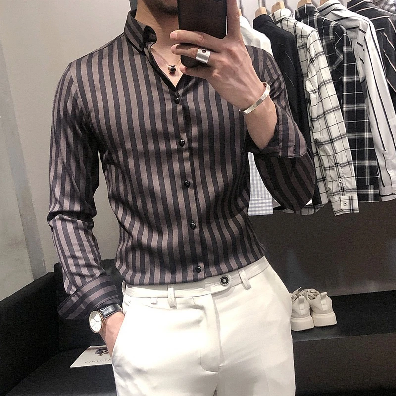 New men\'s printed long sleeved shirts with vertical stripes for spring and summer 2024, casual and loose fitting men\'s clothing