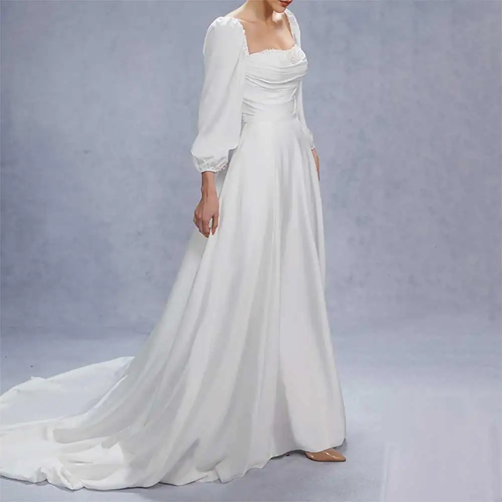 Elegancka suknia ślubna dla panny młodej z kwadratowym dekoltem i rękawem 3/4 z rozcięciem z boku i plisowanym odkrytym tyłem 2025 New Arrival Bride Gowns