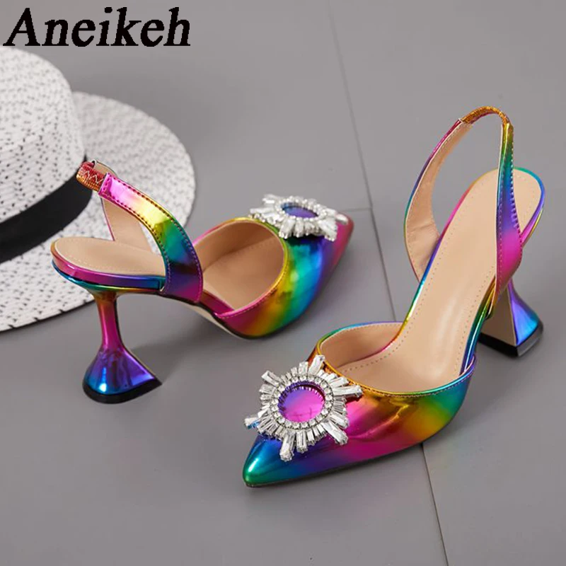 Aneikeh Pointed Toe Sun Style Rhinestone Rainbow Color Pumps Sandals Women High Heels Weeding Spike Heel Slingback Shoes