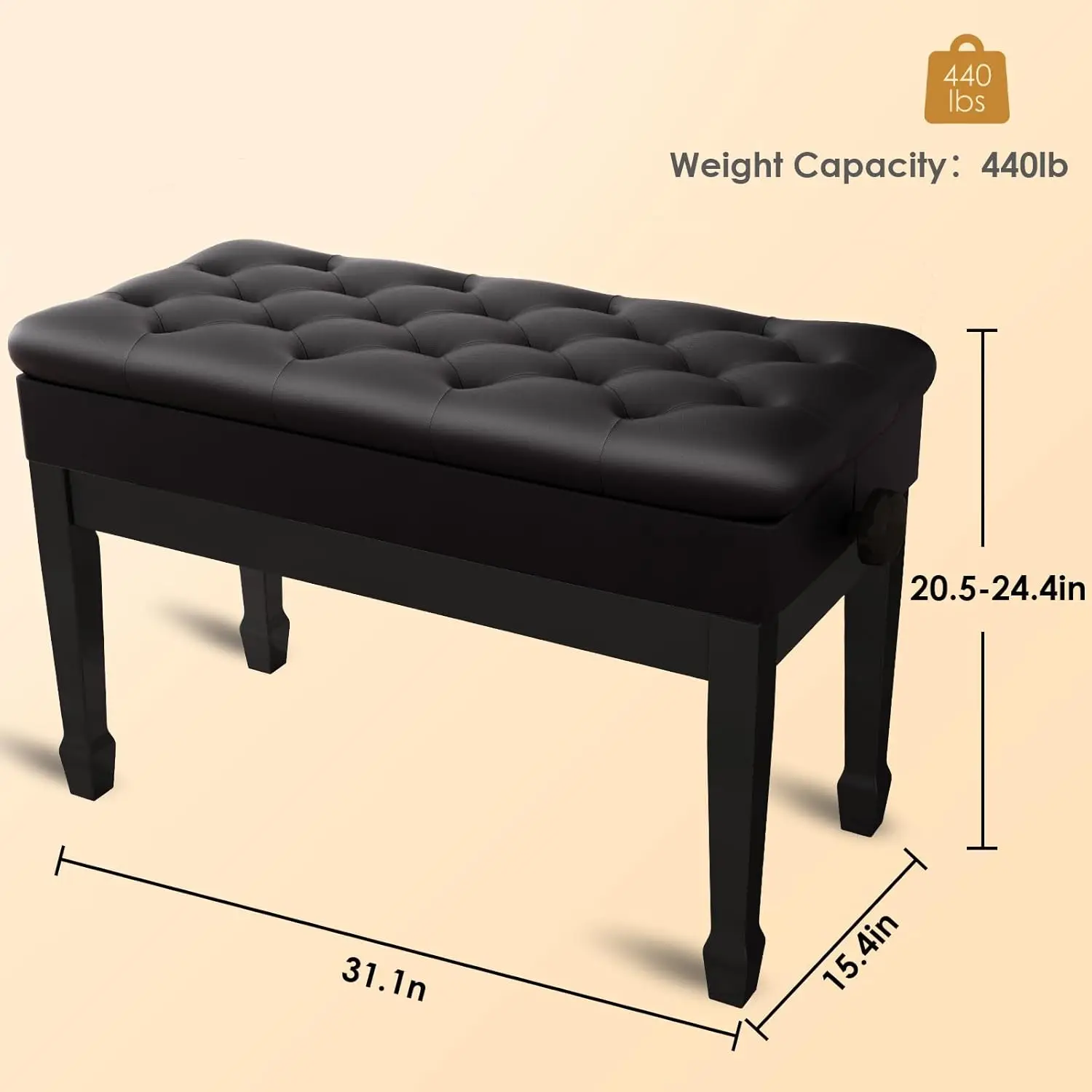 Wooden Adjustable Piano Bench with Storage, Solid Wood Heavy Duty Piano Stool with Tear Resistance PU Leather Cushion, B