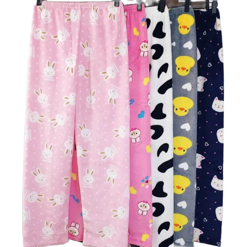 Pantalones de pijama bonitos de dibujos animados para invierno, pantalones cálidos de franela para el hogar, pantalones de felpa suaves y esponjosos, pantalones de pijama sueltos y cómodos para mujer