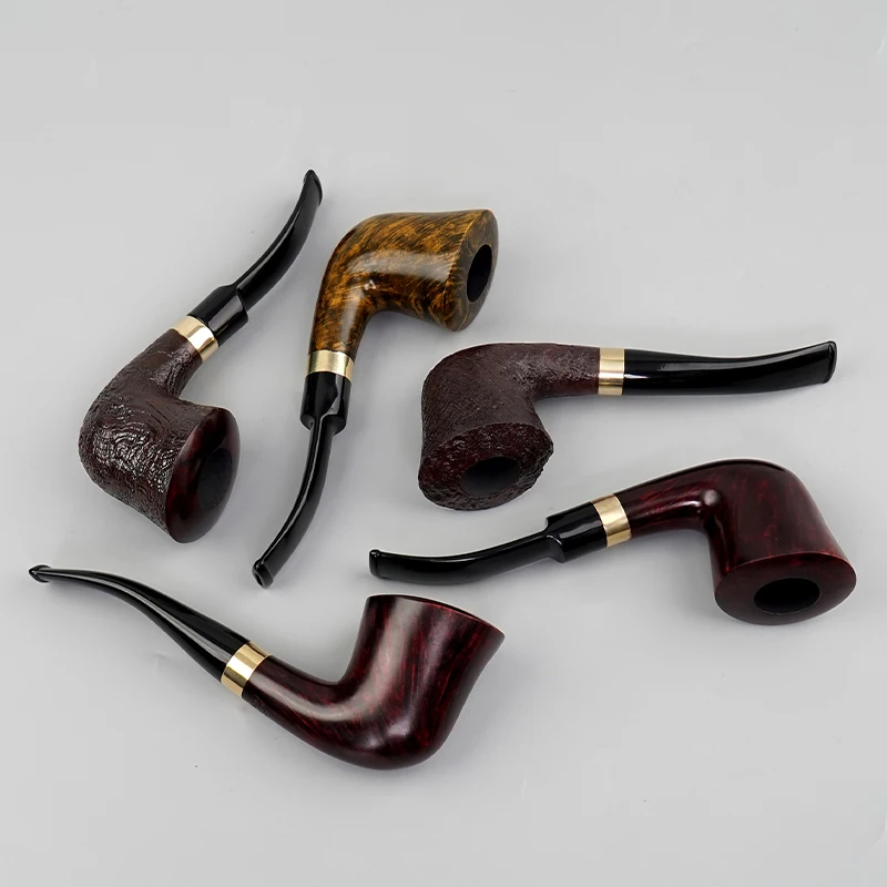 MUXIANG Pipa da tabacco fatta a mano in legno di briare, pipa da fumo piegata con decorazione ad anello, con filtro da 9 mm, strumento per pulire il