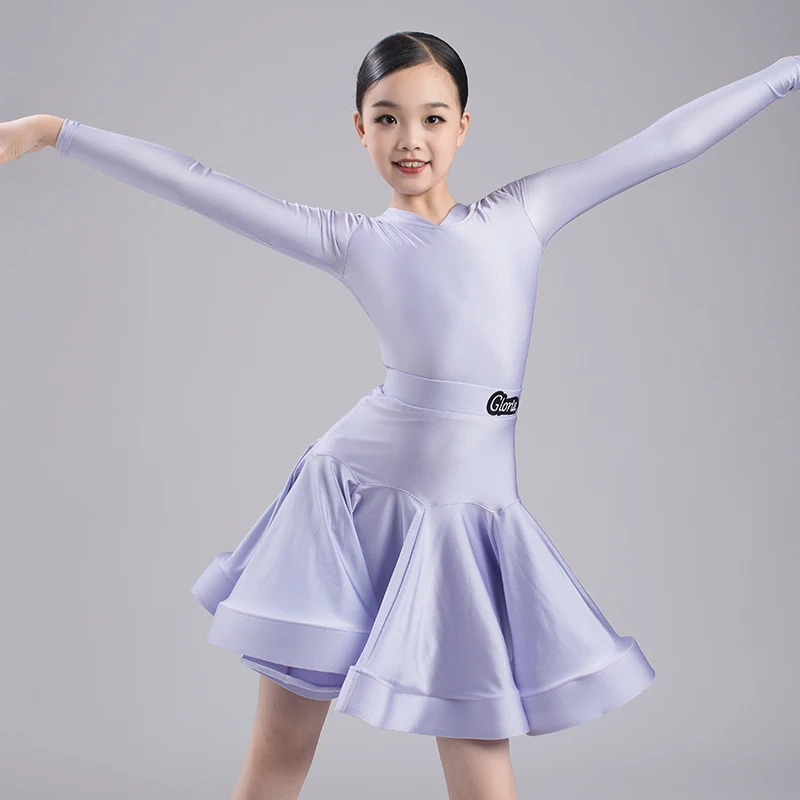 Professional Latin Competition Dress Girls 3 Color Long Sleeve Performance Clothes Bodysuit Skirt ChaCha Dancing Clothes DL10837