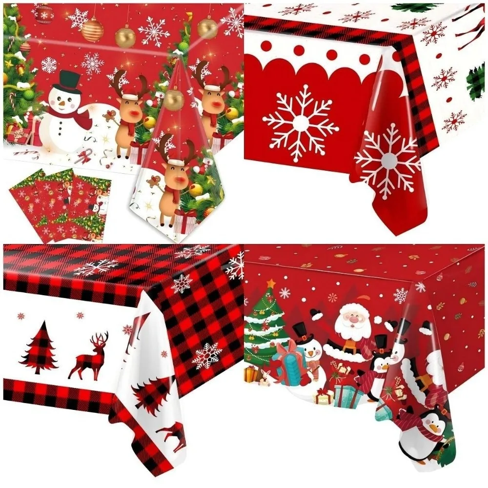 Retro Santa Claus Elk Christmas Tablecloth Plastic Large Size Table Cover Disposable Party Tablecloths Christmas Decoration