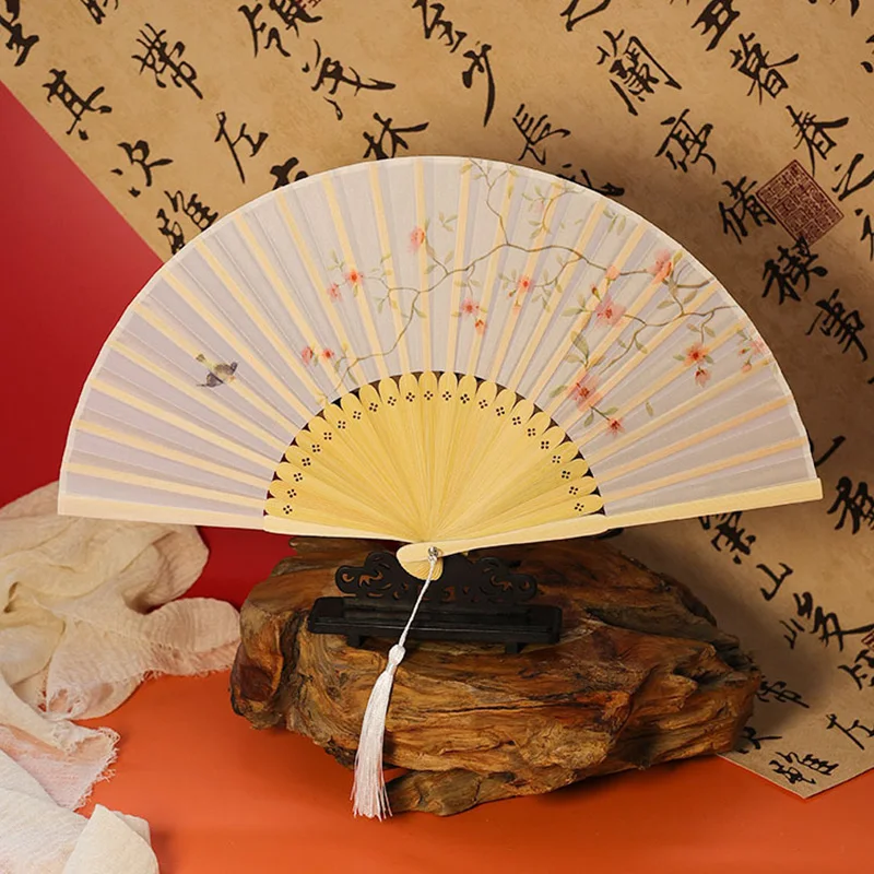 1PC Classic Single-sided Bamboo Fan Cloth Hand-held Fan Folding Fan Wedding Gift Chinese Style Crafts Vintage Fan